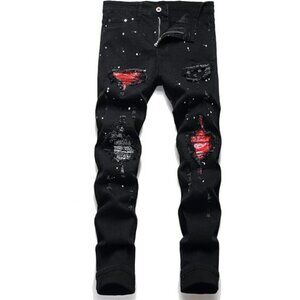 Black Ripped Jeans Men Slim Fit Distressed Holes Stretch